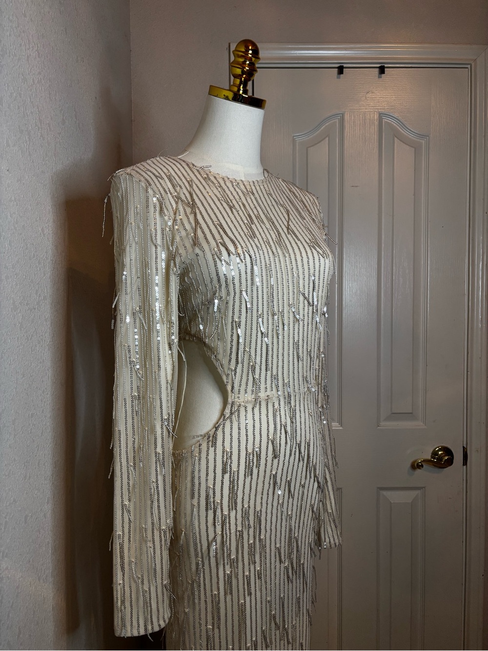 Fashion Nova Ivory Sequin Fringe Long Sleeve Dress